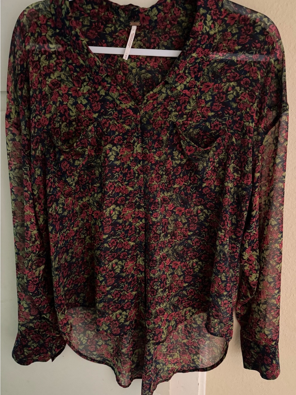 Free People Black Sheer red and green Floral Button-up blouse w pockets.